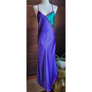 VTG 90s Faye Satin Colorblock Slip Midi Dress S Coquette Nightgown Jewel Tones